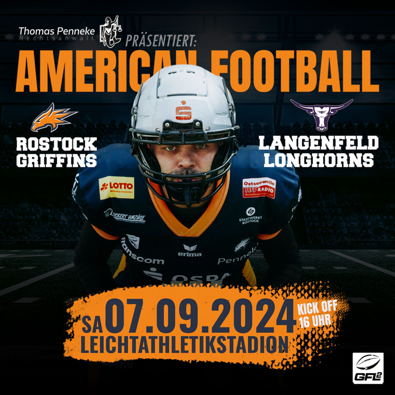 Rostock Griffins, Langenfeld Longhorns, American Football, AFVD, American Football Verband Deutschland, GFL, German Football League, GFL2, Regionalliga, German Football Network,