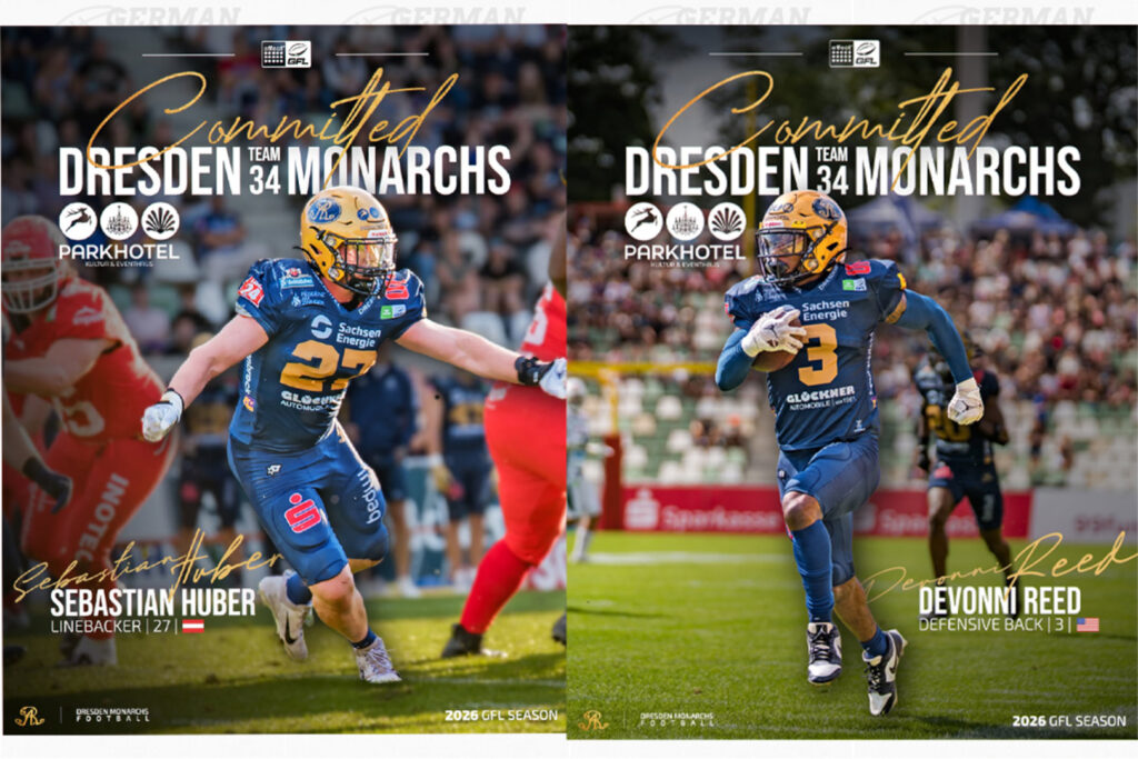 Dresden Monarchs, German Football Network, GFN, German Football League, AFVD, GFL, DFFL, AFBÖ, AFLE, EFA, ELF, American Football, NFL, Football is family